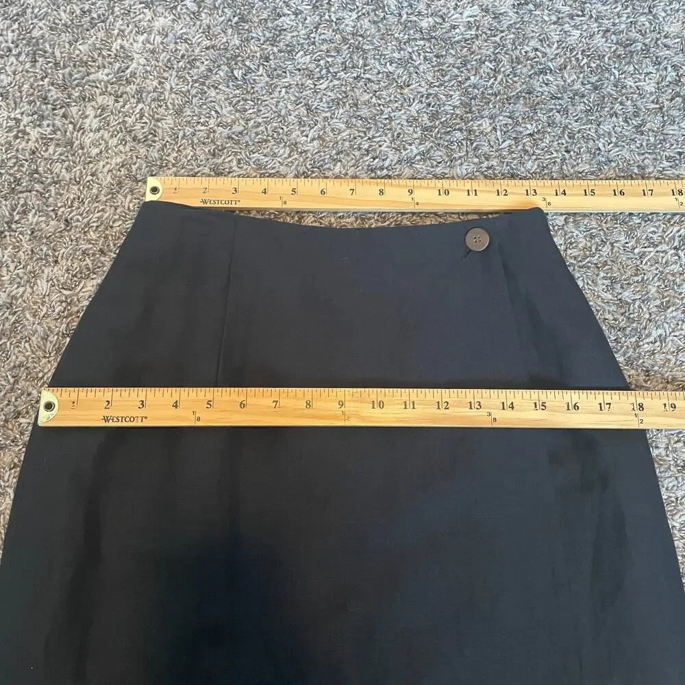 Vintage Pencil Skirt Size 6 Black Solid Faux Wrap Linen Minimal Academia Preppy